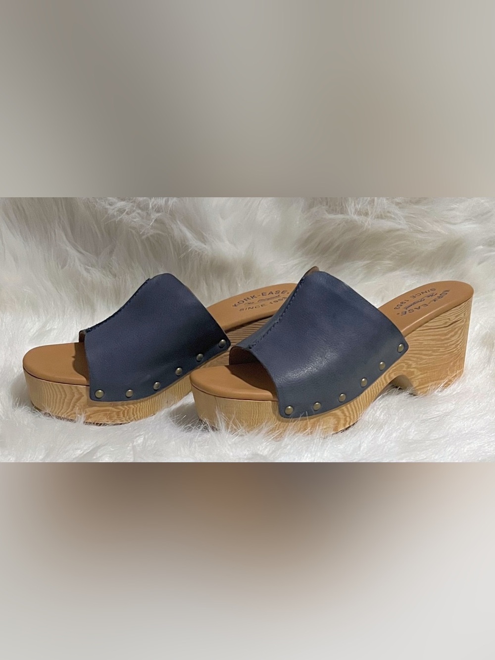 Kork-Ease NWOT Waone Leather Wood Wedge Platform Sandal Size 9 Blue/Grey - Picture 2 of 10